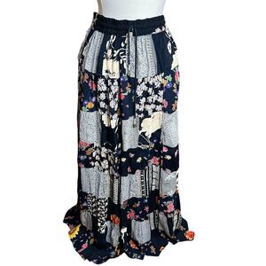 Patchwork Midi Skirt Free Size Black Floral Gypsy Festival Hippie Boho Fairy